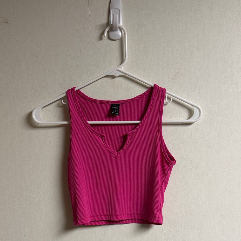 Pink Ribbed V-Neck Crop Top